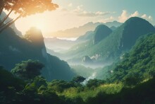 Illustration Of Peaceful Moutain With Jungle With Lots Of Trees Landscape, Cinematic. Generative AI