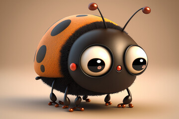 Wall Mural - Cute insect cartoon character with black dots. Isolated on flat background with copy space. Small ladybug beetle, one funny bug. 3d render illustration. Generative AI art.