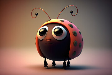 Poster - Cute ladybug insect cartoon character. Isolated on flat background with copy space. Small beetle, one funny bug. 3d render illustration. Generative AI art.