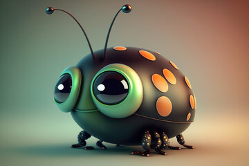 Sticker - Cute black insect cartoon character. Isolated on flat background with copy space. Small beetle, one funny bug. 3d render illustration. Generative AI art.