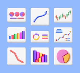Poster - 3D Set of Financial Reports Isolated. Render Collection of Documents with Stock Chart and Arrow Shows Growth or Success. Financial Item, Report, Business Investment, Money. Vector Illustration