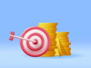 Aufkleber - 3D Stacks of Coins and Target with Arrow Isolated. Render Dartboard with Arrow and Golden Money. Business or Finance Target Concept. Targeting Audience. Achievement and Success. Vector Illustration