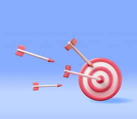 Poster - 3D Target with Arrow in Center Icon Isolated. Render Dartboard with Arrow. Goal Setting. Smart Goal. Business or Finance Target Concept. Achievement and Success. Vector Illustration