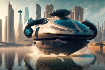 Canvas Print - hovercraft in futuristic city, transporting people to their destinations, created with generative ai