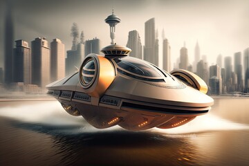 Canvas Print - hovercraft, zooming past futuristic cityscape, with advanced buildings and technology in view, created with generative ai