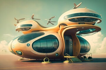 Canvas Print - futuristic public transportation system with flying cars, pods, and drones, created with generative ai