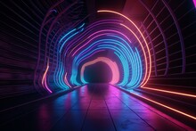 Wavy Neon Tunnel With Purple, Blue And Pink Stripes. 3D Render. Generative AI