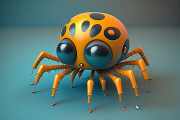 Wall Mural - Cute insect cartoon character. Isolated on flat blue background with copy space. Small funny spider with hairy legs. 3d render illustration. Generative AI art.