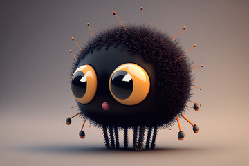 Wall Mural - Cute black insect cartoon character. Isolated on flat background with copy space. Small funny spider with hairy legs. 3d render illustration. Generative AI art.