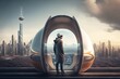 person, getting ready to ride public transportation pod of the future, with view of futuristic city visible in background, created with generative ai