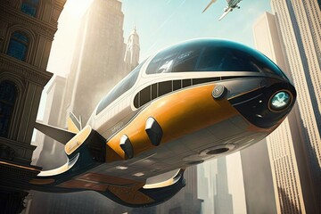 Wall Mural - blade-like transit system that flies above the city, with passengers seeing the sights below, created with generative ai