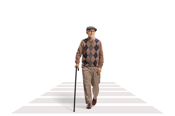 Canvas Print - Full length portrait of an elderly man with a cane walking at a pedestrian crossing