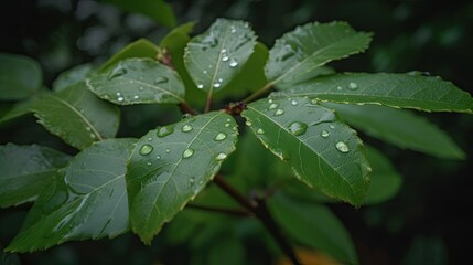 Wall Mural - Fresh Summer Foliage Drenched in Rain: Water Drops on a Leaf and Twig in a Green Forest Garden, Generative AI