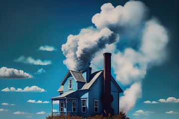 Wall Mural - puffy clouds of smoke from the chimney floating in a clear blue sky, created with generative ai