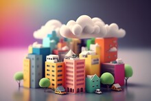 3D Cute Mini City, Mini World, Miniature City, Kid Style, Colorful, Houses, Hotels, Streets, Clouds, Hill, Happy Color