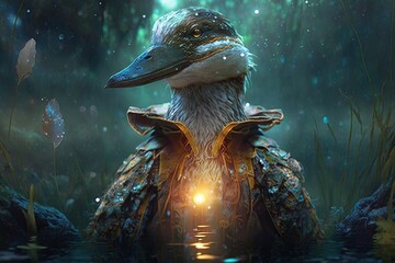 Wall Mural - glimmers in the swamp: the magic from a mystical duck generative ai