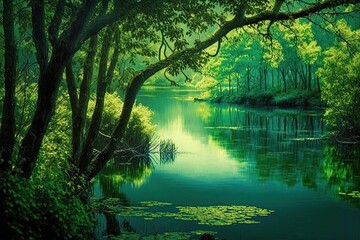 Wall Mural - Glimmering Lake and Glades of Green Generative AI