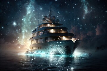 Wall Mural - glimmering lights across the serene sea in a fantasy yacht generative ai