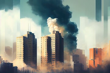 Wall Mural - view of modern cityscape, with smoke coming from the windows of high-rise buildings, created with generative ai