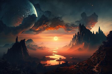 Wall Mural - Magnificent Gloaming Vista over Fantasy Heaven Generative AI