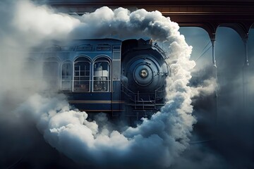 Sticker - puffs of smoke swirling from the window of a steam-powered train, created with generative ai