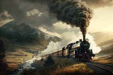 Canvas Print - steam locomotive, with billowing smoke and steam, making its way past idyllic landscape, created with generative ai