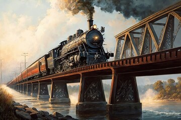 Wall Mural - steam train crossing majestic bridge, with view of river below, created with generative ai