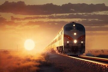 Wall Mural - passenger train, with view of sun setting behind the horizon, on journey to new destination, created with generative ai