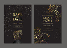 Set Of Luxury Golden Wedding Invitation Cards. Gold Templates With Tree, Berries, Branches, Glitter. Save The Date Card. Vector Background For Wedding Invitation. Layout Design With Shiny Elements.