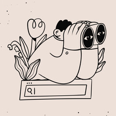 Young man looks through a binoculars on a search bar with flowers. Searching, finding, web surfing, looking for oportunities concept. Hand drawn Vector illustration. Isolated design element