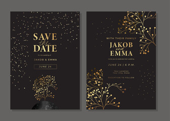 Wall Mural - Set of luxury golden wedding invitation cards. Gold templates with tree, berries, branches, glitter. Save the date card. Vector background for wedding invitation. Layout design with shiny elements.