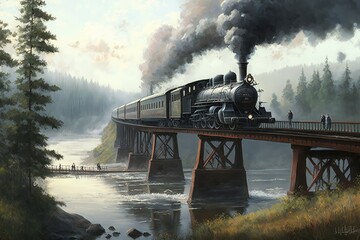 Wall Mural - old steam train crossing over bridge, with view of the river below, created with generative ai