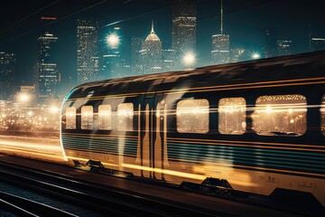 Sticker - train speeding past cityscape at night, with lights and reflections on the windows, created with generative ai