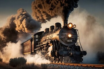 Wall Mural - train engine, with smoke billowing from the stack and steam rising from the tracks, created with generative ai