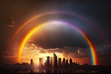 Canvas Print - rainbow, with the sun setting behind a city skyline, casting warm and colorful light, created with generative ai