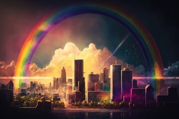 Sticker - city skyline with vibrant rainbow, bringing hope and inspiration, created with generative ai