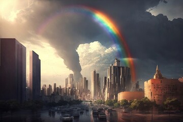 Wall Mural - a rainbow with a stormcloud behind it, over a busy metropolis, created with generative ai