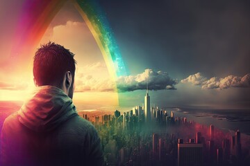 Poster - pensive person, contemplating the beauty of a rainbow over city skyline, with their hands crossed behind their back, created with generative ai