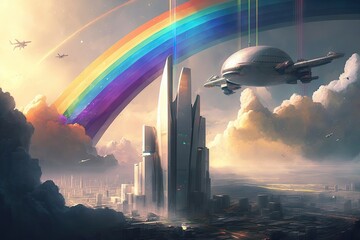 Wall Mural - view of a futuristic city, with its towering skyscrapers and aircraft flying in the sky, surrounded by rainbow, created with generative ai