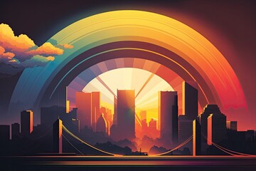 Wall Mural - city skyline at dawn, with the sun rising and a rainbow in the sky, created with generative ai