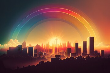 Canvas Print - city skyline at dawn, with the sun rising and a rainbow in the sky, created with generative ai