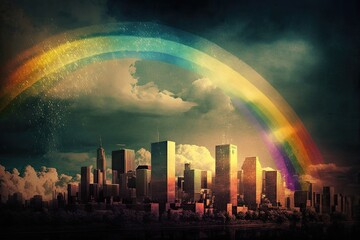 Wall Mural - rainbow over the city with tall skyscrapers visible in the background, created with generative ai