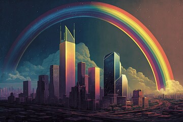 Sticker - rainbow over the city with tall skyscrapers visible in the background, created with generative ai