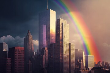 Poster - rainbow over the financial district with skyscrapers in the background, created with generative ai