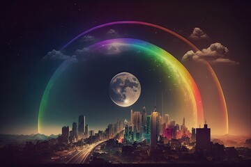 Sticker - rainbow over a cityscape with the moon in the sky, and stars shining, created with generative ai