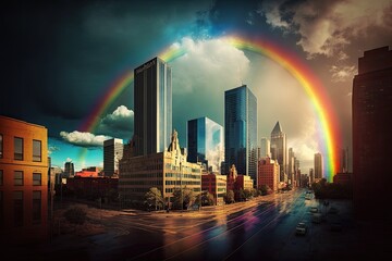 Canvas Print - rainbow over a modern city with tall buildings and busy streets in the background, created with generative ai