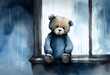 Watercolor Illustration of a Blue Monday Teddy Bear Concept, The Most Sad And Depressing Day Of The Year. Generative AI