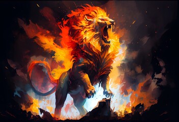 Wall Mural - Watercolor Illustration of a Roaring Mighty Fantasy Lion With Flames And Glowing Lights. Generative AI