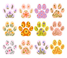 Flowers Dog Paws Vector Illustration Set. Florals Paws Silhouette Clipart