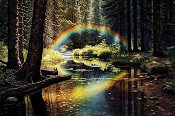 Sticker - peaceful stream with rainbow reflections, surrounded by towering trees, created with generative ai